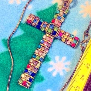 Crystal cross necklace 3” long rainbow sparkly bling colorful